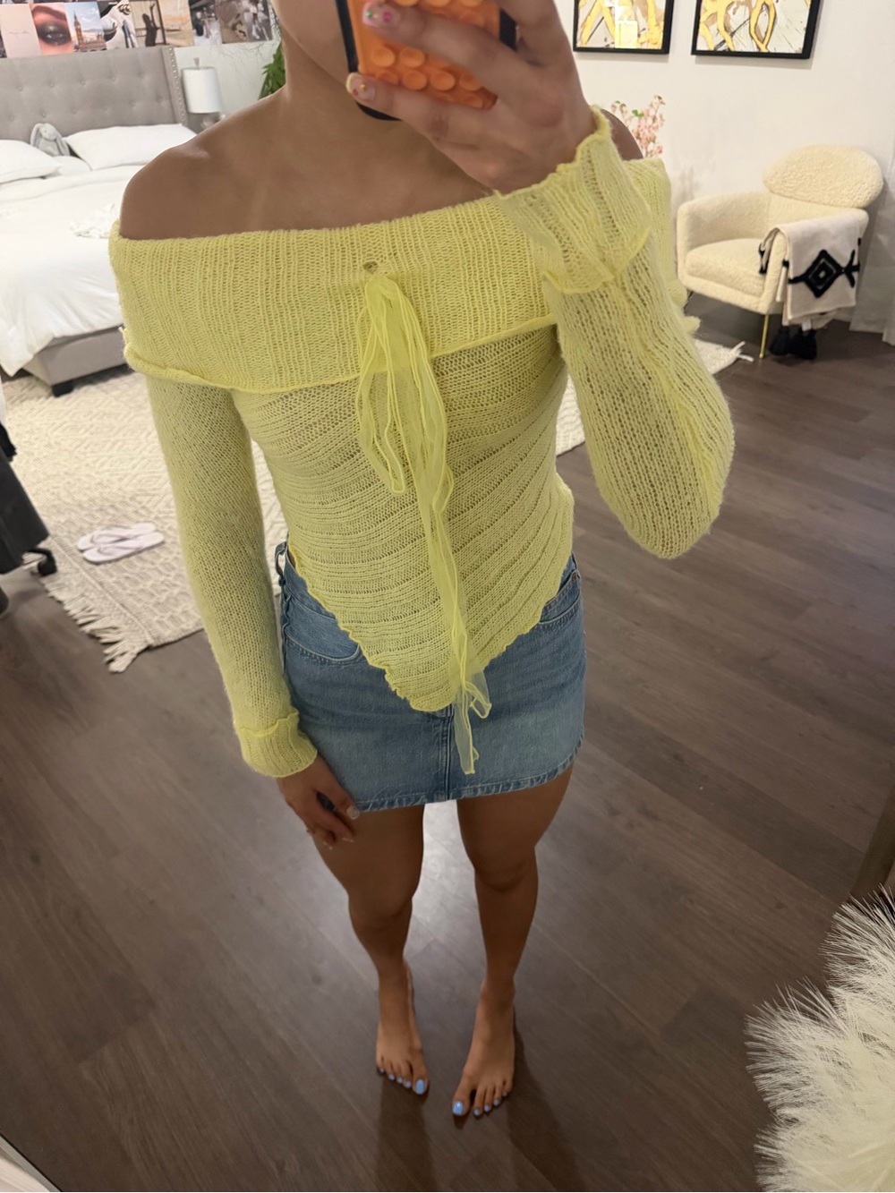 Urban Outfitters Pale Yellow Off-the-Shoulder Tie-Front Knit Sweater